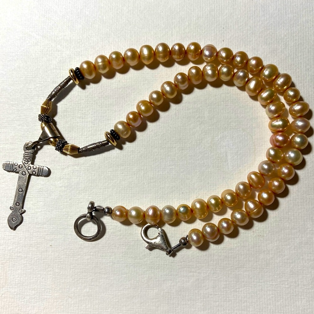 Choker Champagne Teal Pearls Necklace 925 Silver Handmade Ornate Cross